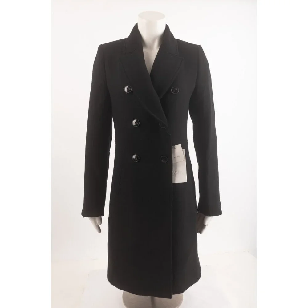 Zara Womens Coat Jacket Wool double breasted Long Black M Medium 2443/826 NWT